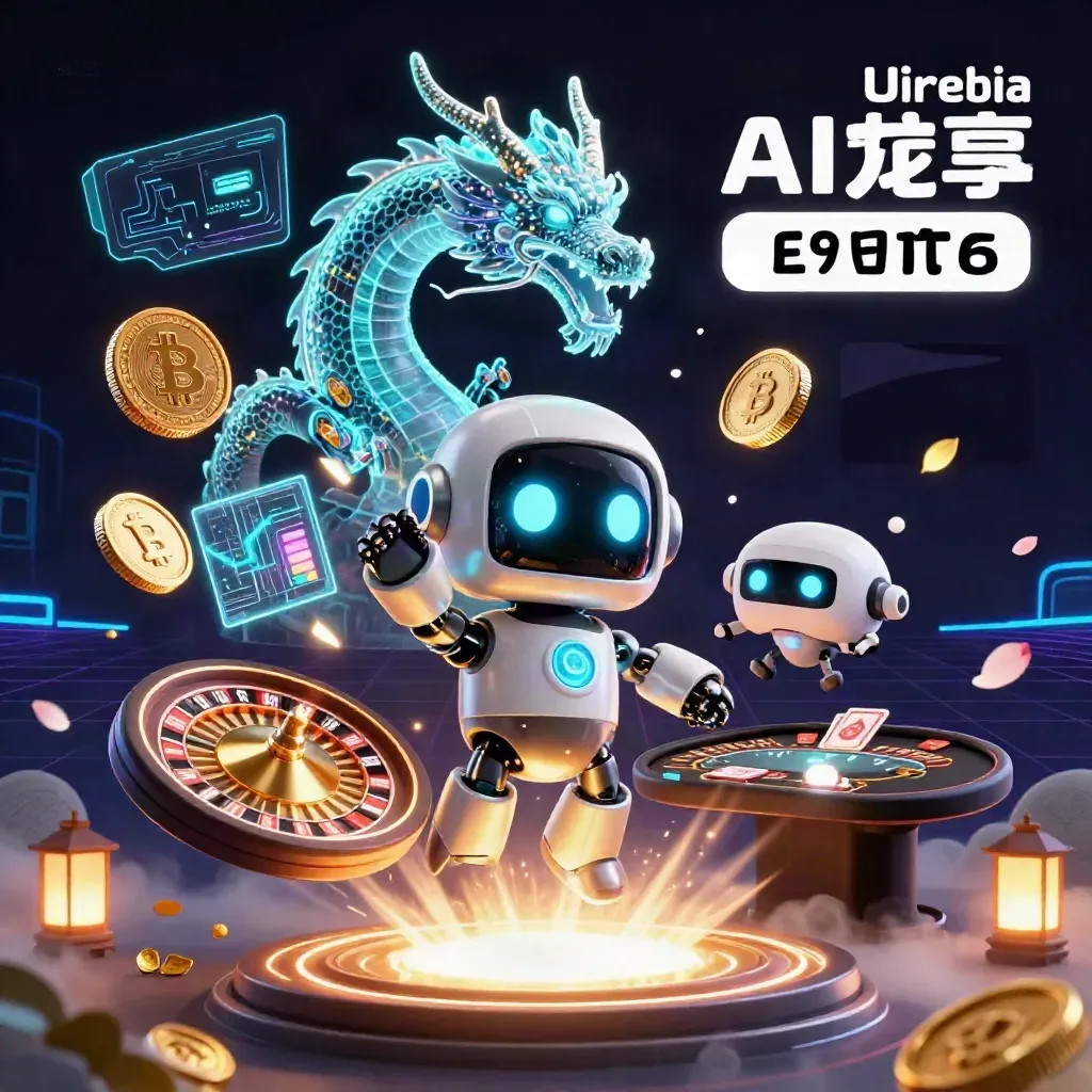 Cyberpunk robot, hologram dragon, drone, coins, roulette and cards in emerald neon casino art