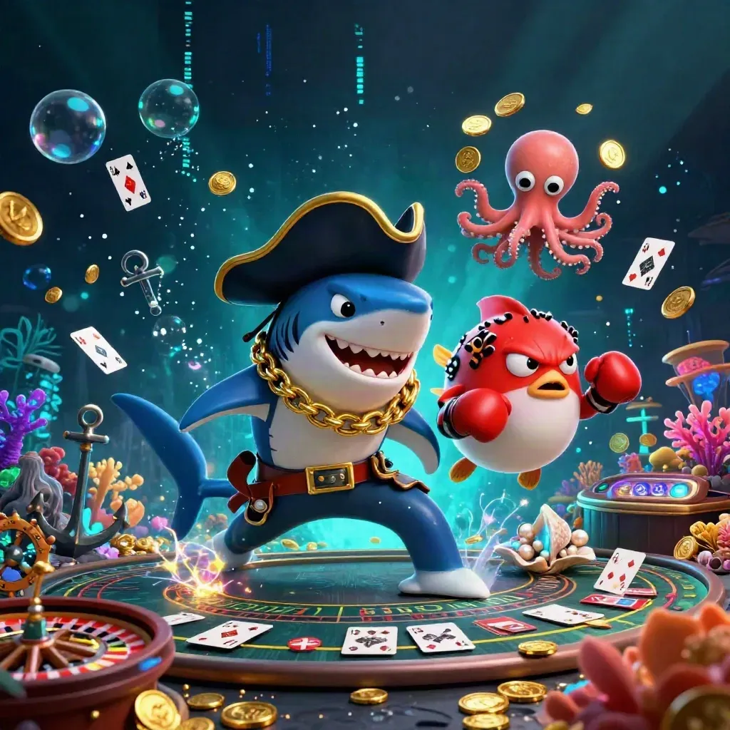 Pirate shark, boxing pufferfish, and coin-juggling octopus in a neon treasure cove.