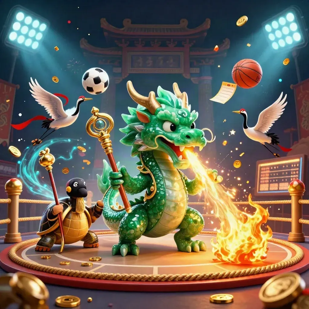 Emerald dragon, turtle sage, cranes, and flying balls amid gold fire and casino sparkle.