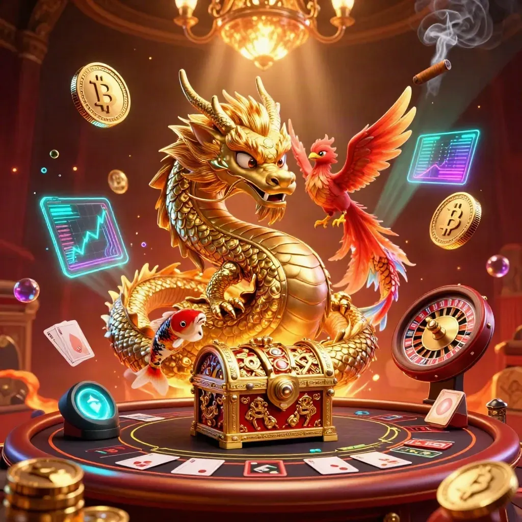 Golden dragon, red phoenix, and koi around a treasure chest in a luxe casino glow with a spinning wheel.
