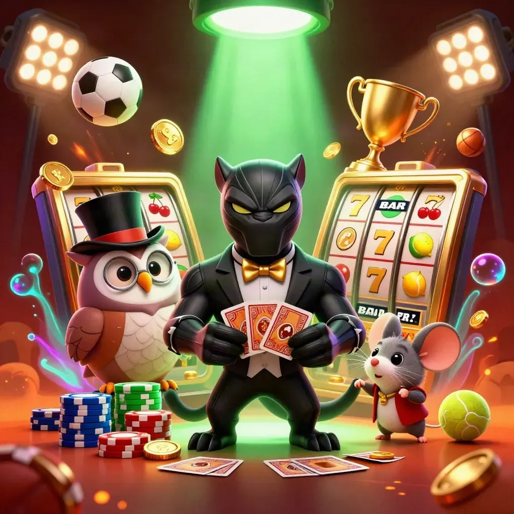 Panther, owl, and mouse casino heroes amid coins, balls, trophy, reels, and emerald glow