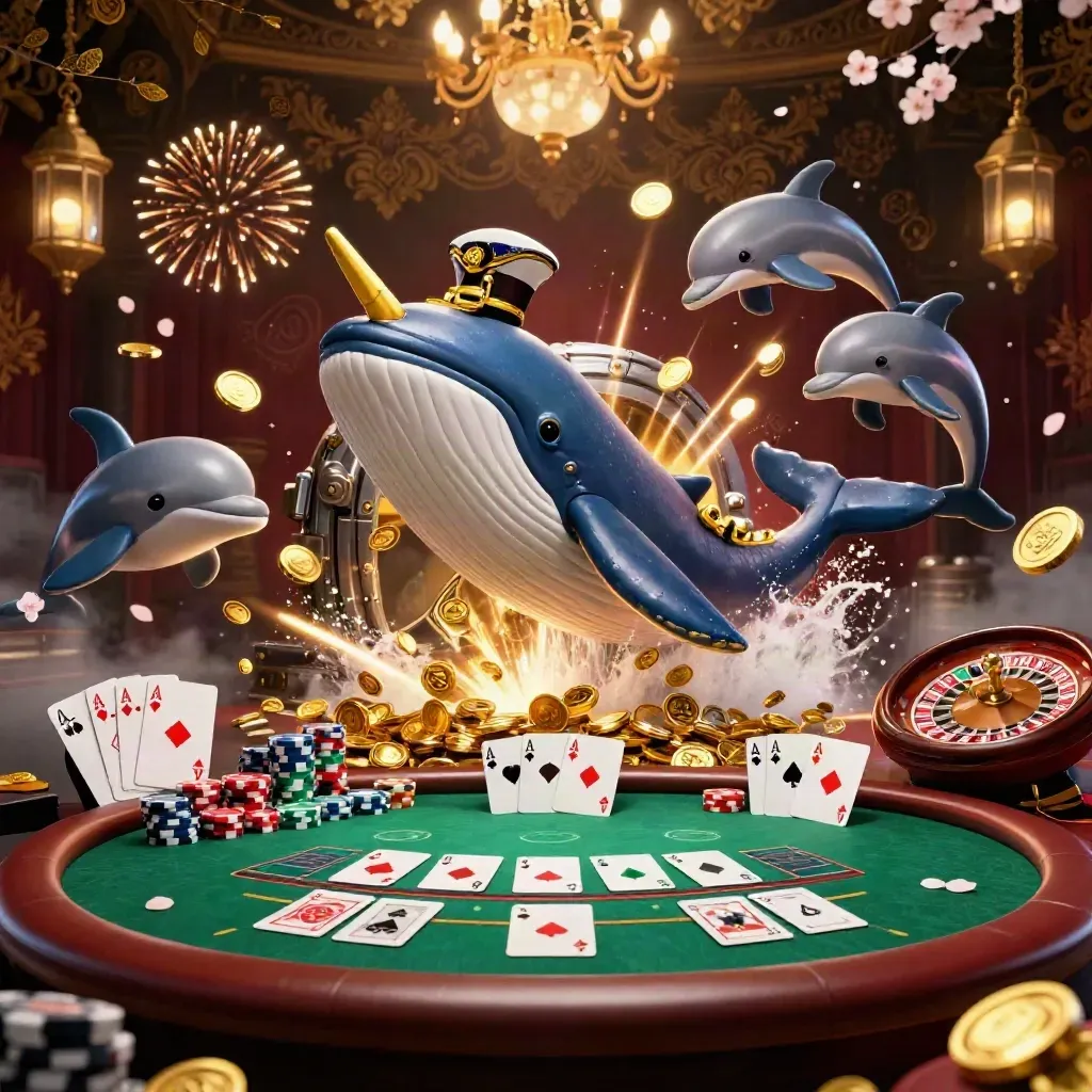 Whale captain, narwhal and dolphins burst from coins in a luxe casino celebration.