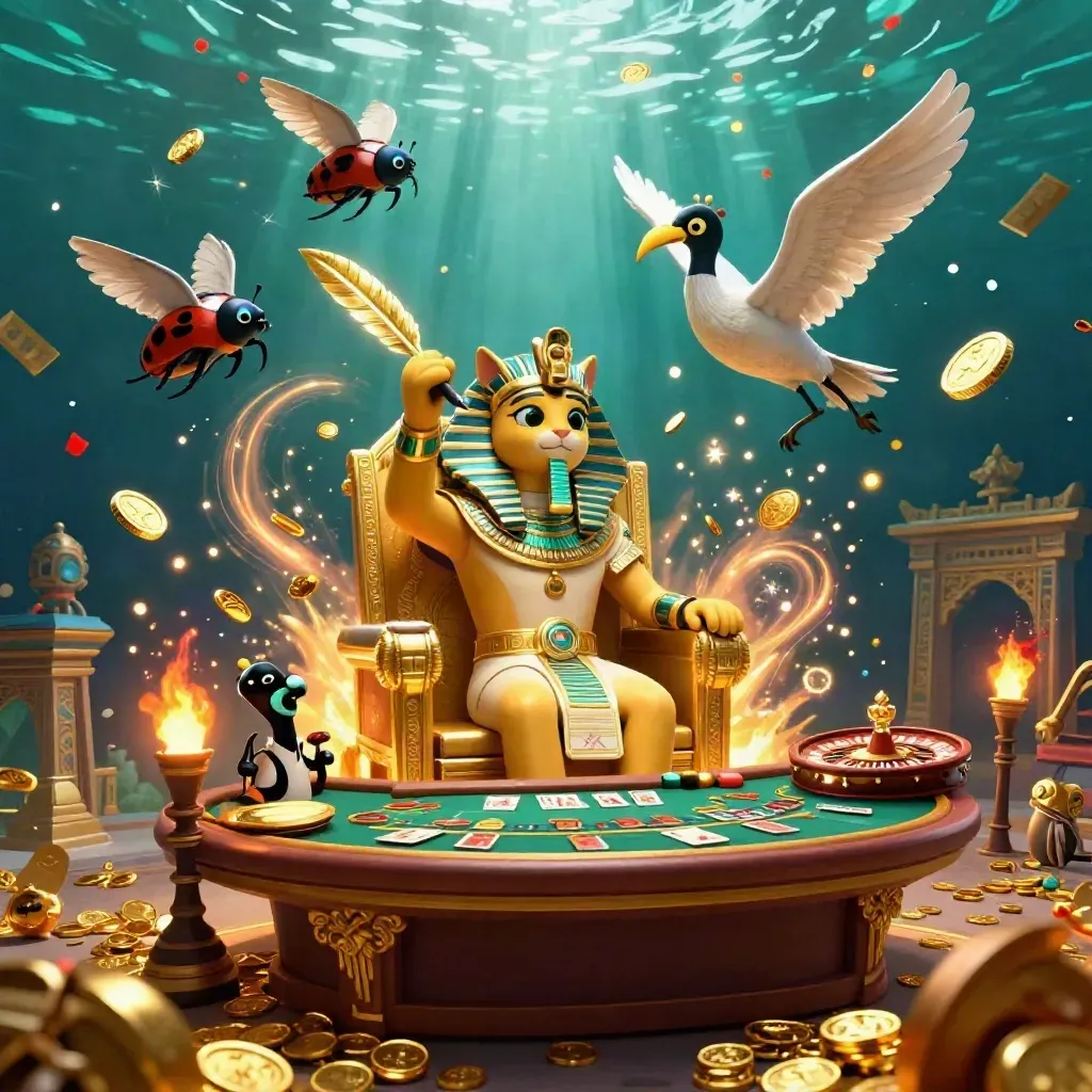 Pharaoh cat, ibis scribe, and scarabs amid coins, fireworks, and casino relics