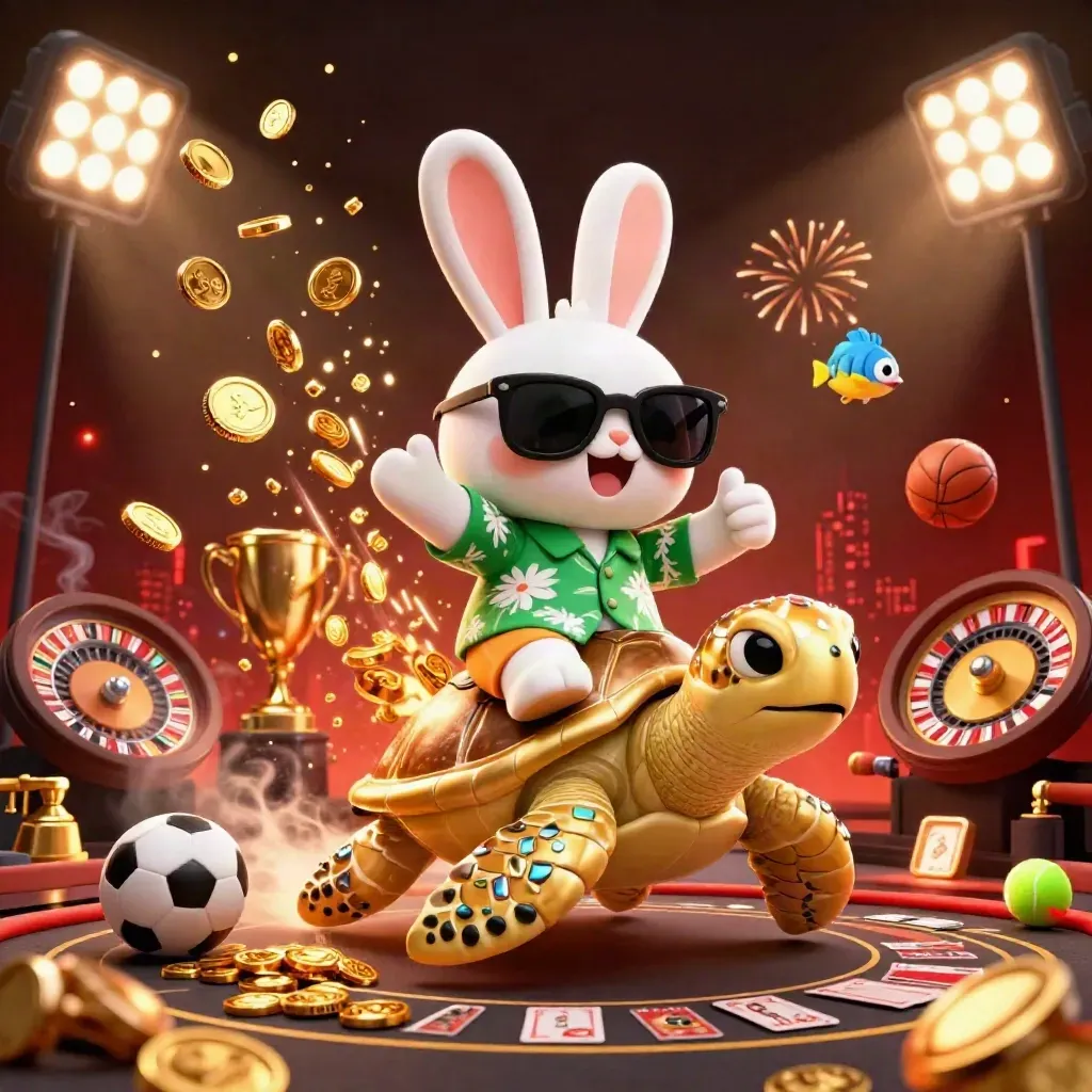 Lucky rabbit rides a gold sea turtle amid coins, sports balls, fireworks, and casino props.