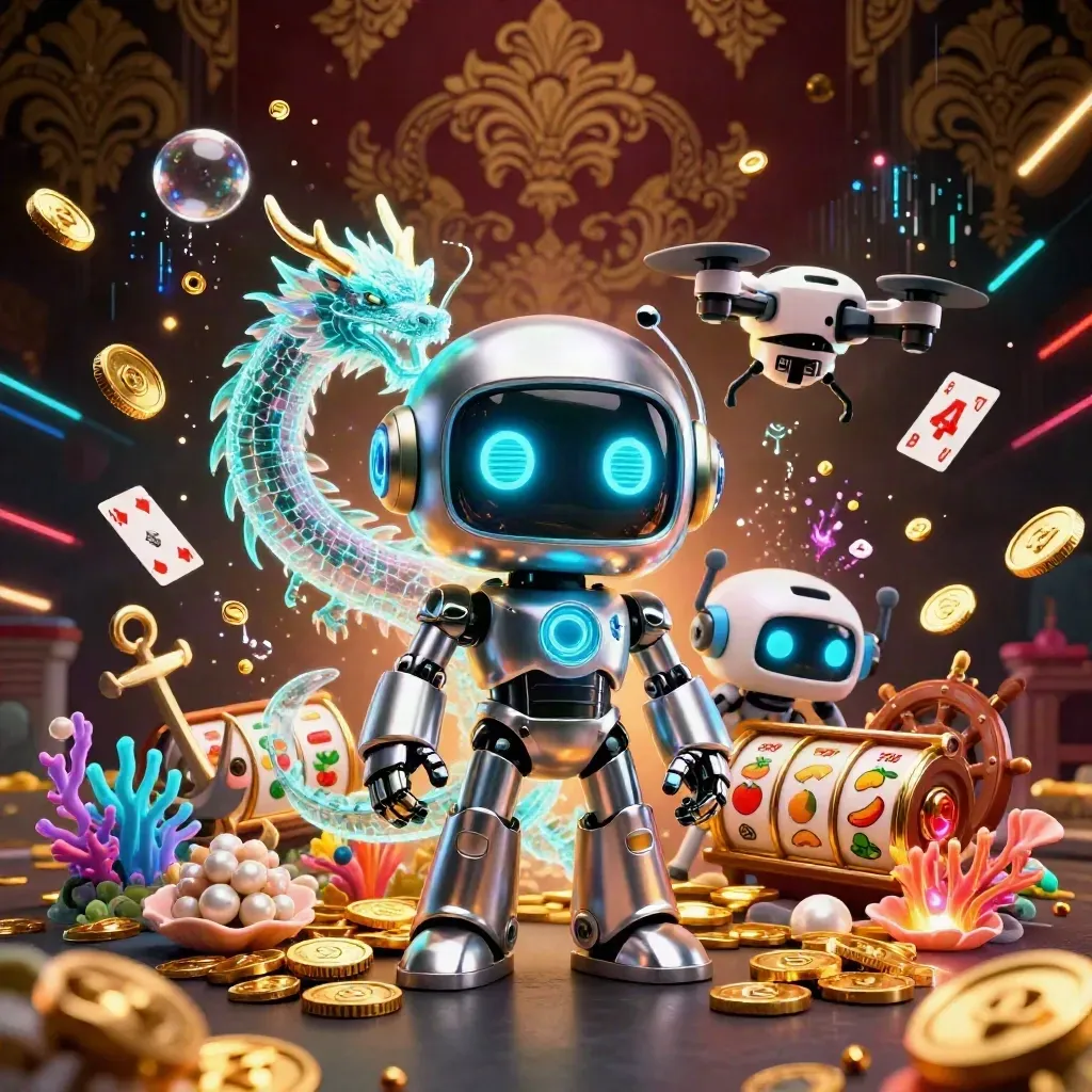 Cyberpunk robot, holographic dragon and coin drone amid casino treasure, gold and emerald glow.