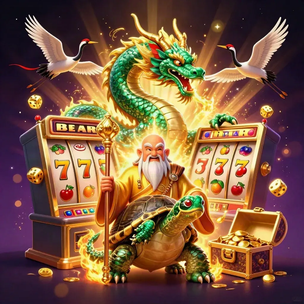 Emerald dragon, turtle sage, and cranes amid casino loot, gold fire, and slot symbols.